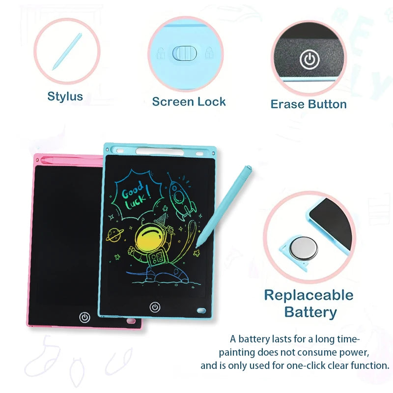 An 8.5 inch LCD drawing tablet for kids showing various features like stylus, screen lock, erase button, and replaceable batt
