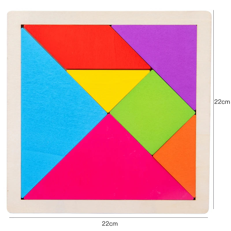 A wooden tangram puzzle set showing seven brightly colored geometric pieces arranged in a square frame.