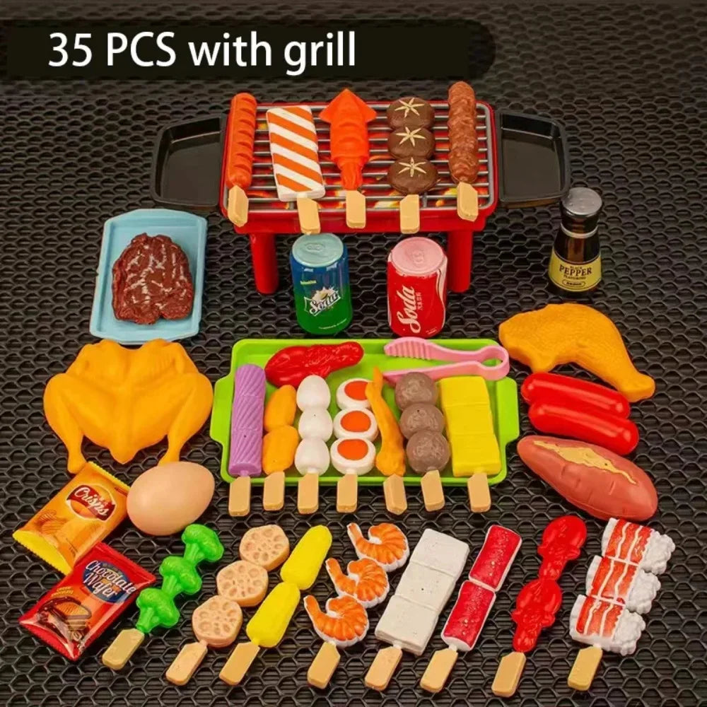A set of 35 pieces of toy food and accessories including a grill for kids pretend play.