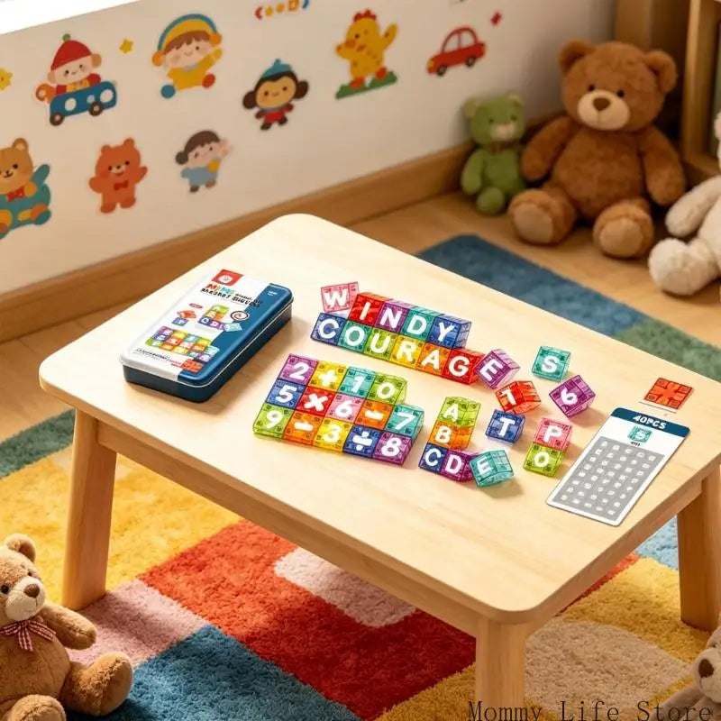 A wooden table displays an interactive letter and number set for toddlers, including blocks and a grid card.