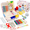 A box containing a 59-piece beginner crochet kit with various yarn balls and tools for crafting.