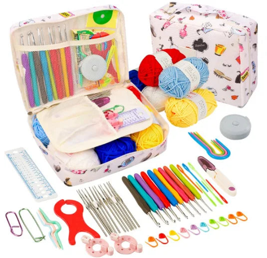 A box containing a 59-piece beginner crochet kit with various yarn balls and tools for crafting.