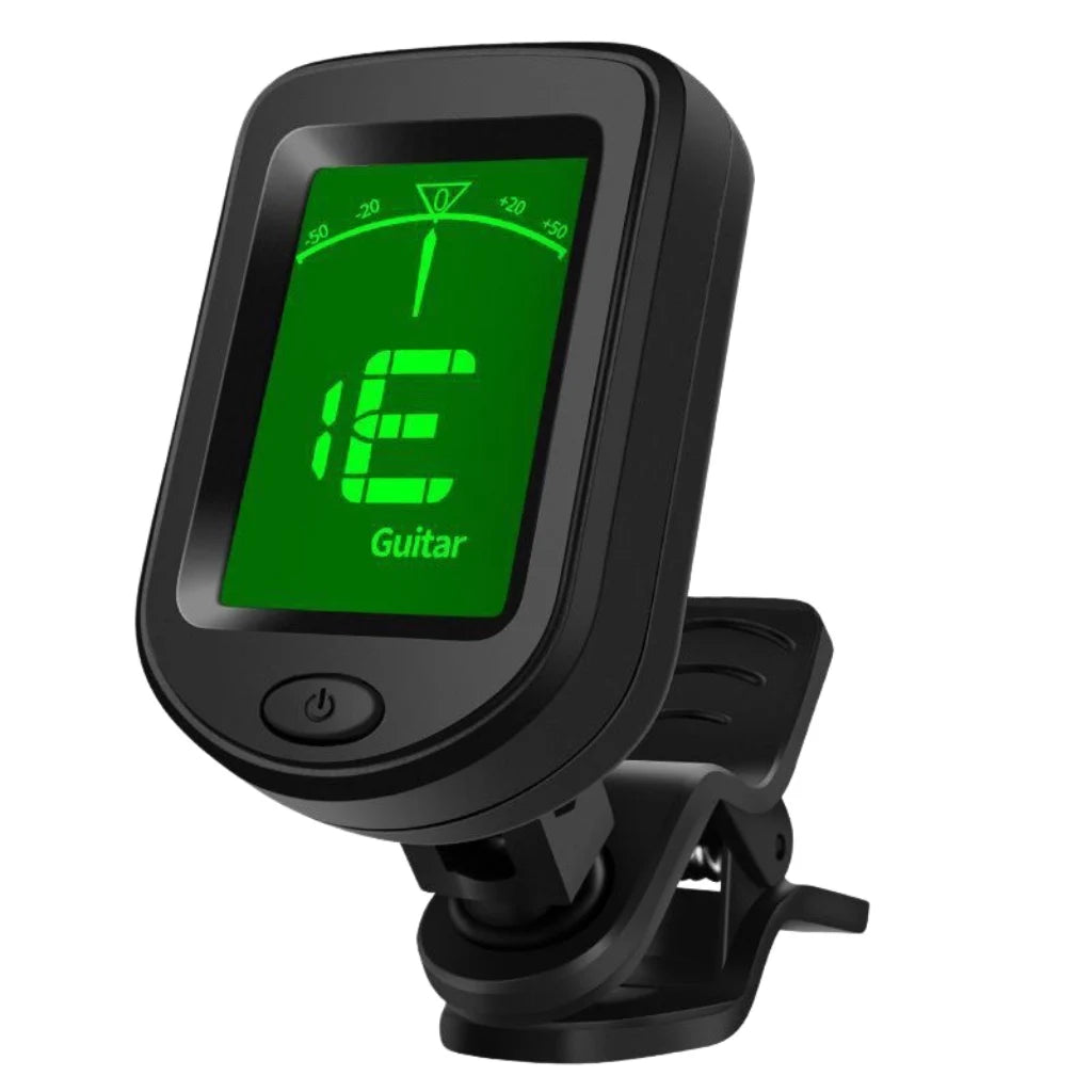 A black electronic guitar tuner device displaying a green E note and tuning indicators.