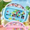 A blue magnetic pen wielding drawing board filled with colorful beads and a pink version.
