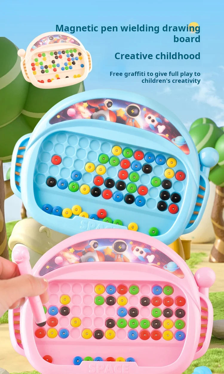 A blue magnetic pen wielding drawing board filled with colorful beads and a pink version.