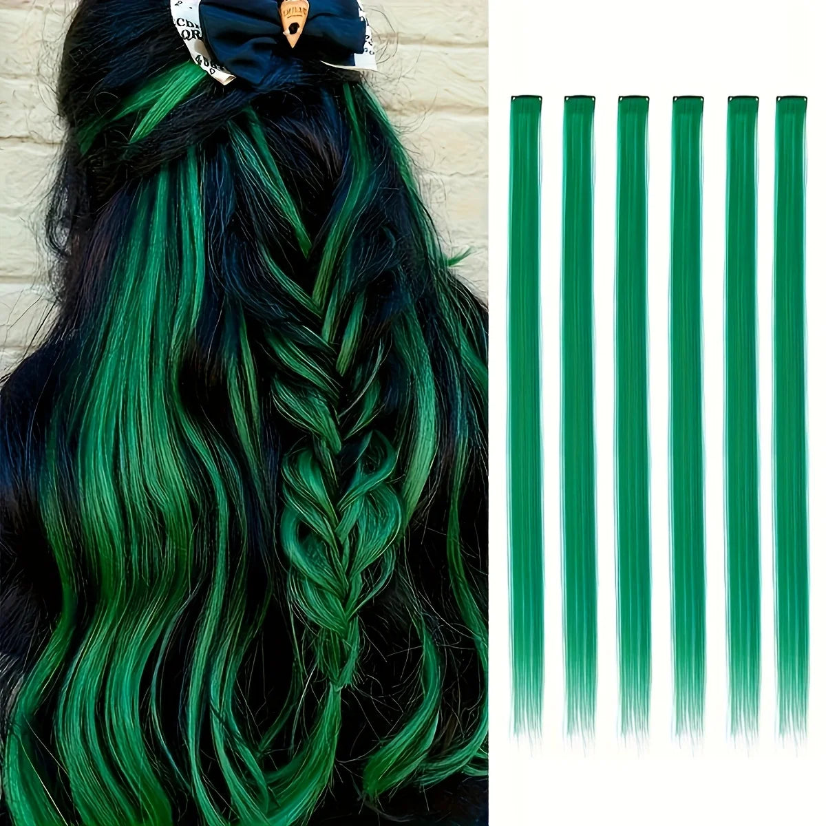 A set of six green clip-in hair extensions being styled into a braid on dark hair.
