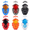 A collection of eight burst-style spinning top launchers in various colors including blue, orange, red, and black.