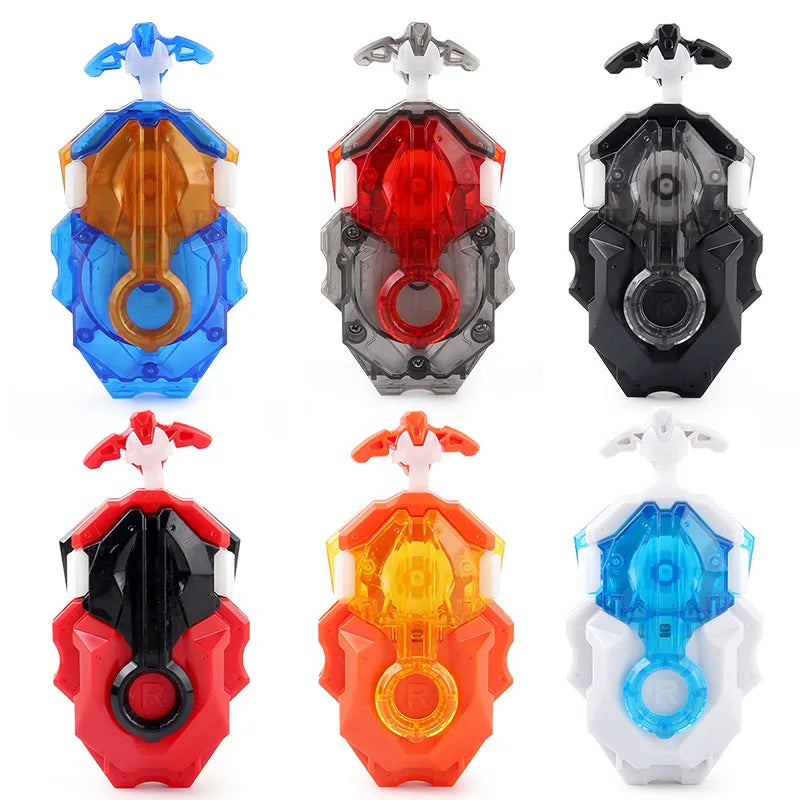 A collection of eight burst-style spinning top launchers in various colors including blue, orange, red, and black.