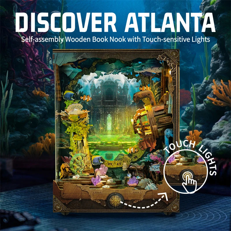 Self-assembly wooden book nook featuring an underwater world miniature model with touch-sensitive lights