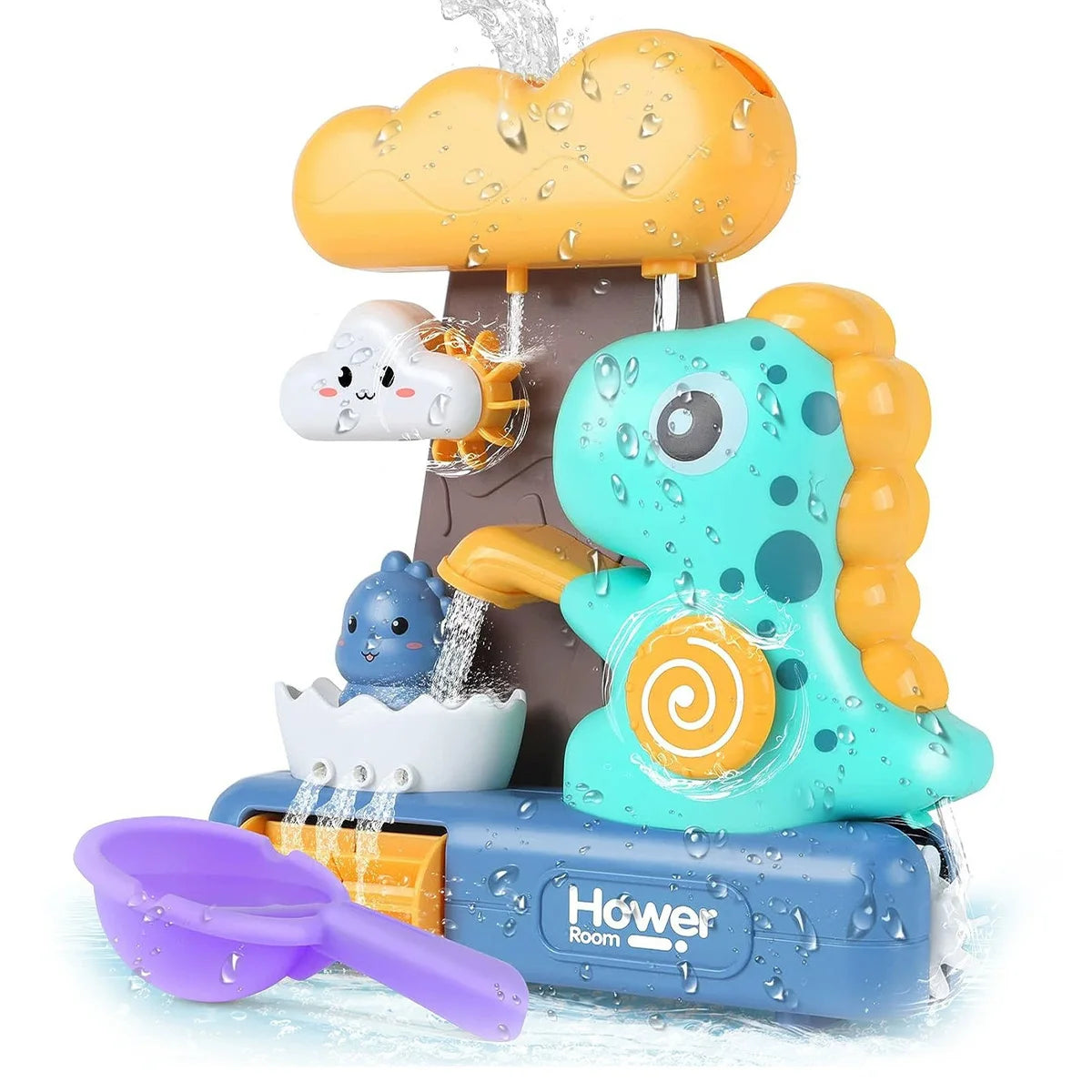 A bright teal dinosaur bath toy with a yellow tail is shown spraying water from a cardboard cloud structure.