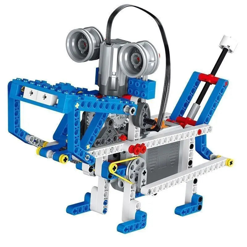 A gray and blue motorized building block set featuring a mechanism with rotating components.
