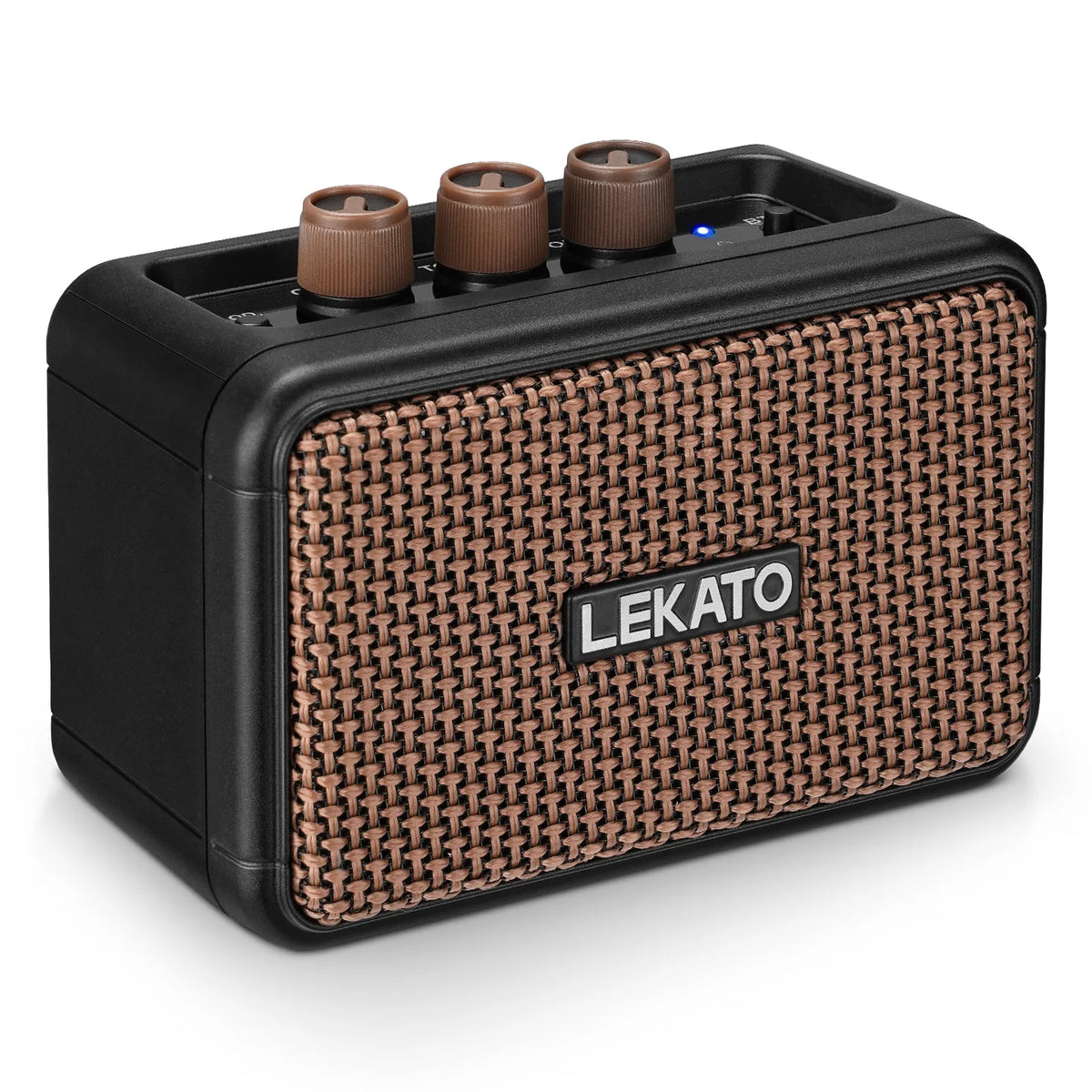 A black portable guitar amplifier with a woven brown texture and a black casing.