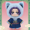 A plush blind box of a character wearing a blue kimono and a light blue fur hood with purple hair.