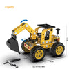 A yellow metal building block set featuring an off-road vehicle and excavator model, shown in a side view.