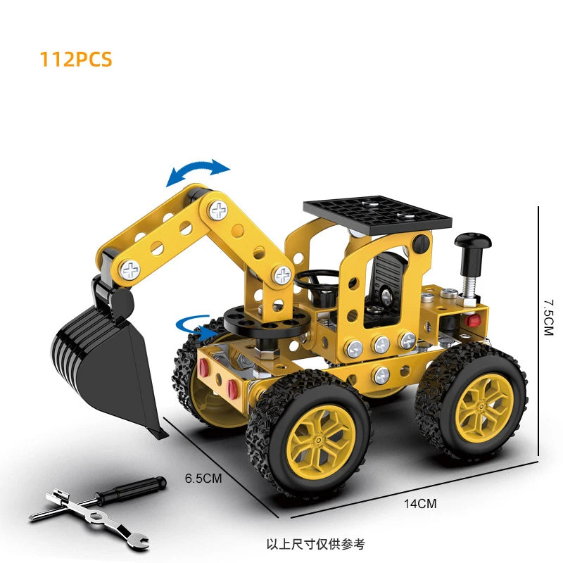 A yellow metal building block set featuring an off-road vehicle and excavator model, shown in a side view.