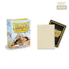 A box of Dragon Shield Ivory matte card sleeves with a black card sleeve displayed next to it.