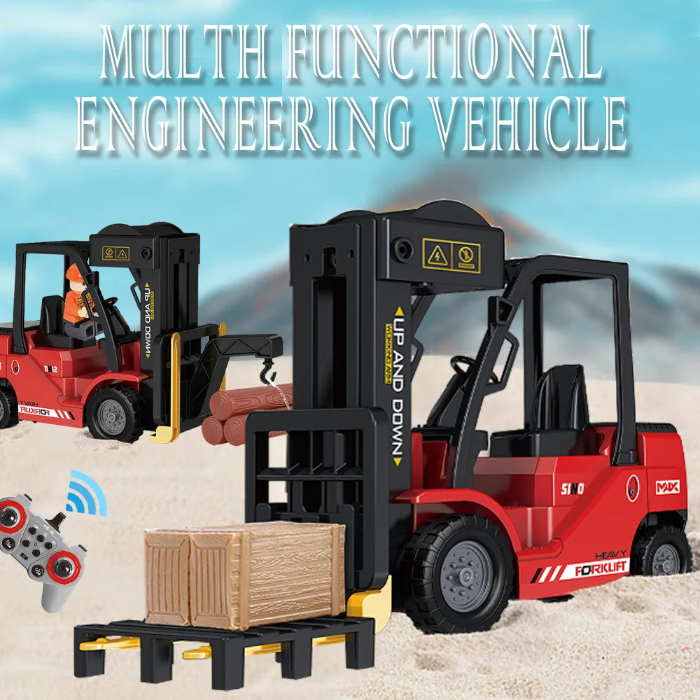 A black forklift engineering vehicle is shown lifting a cardboard box on a platform.