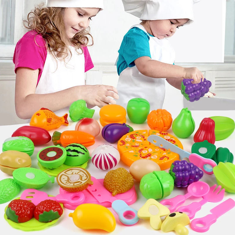 A colorful set of DIY fruit cutting music toys for kids, including various plastic fruits and cutting tools.