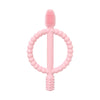 A pink silicone baby teether with easy-grip handles shaped like a ring and a cross.