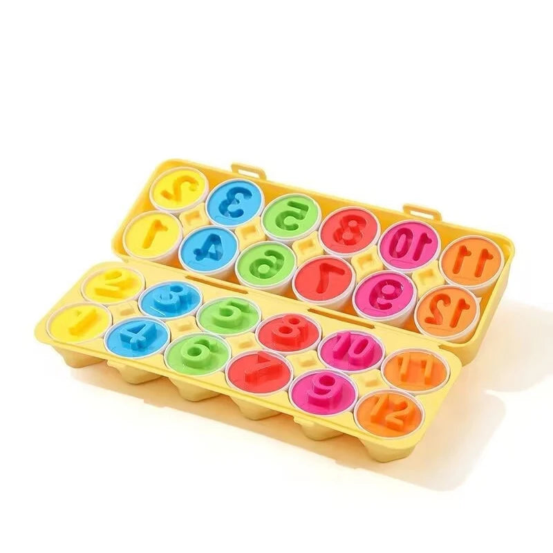 A yellow plastic Montessori matching eggs toy for toddlers featuring various shapes and colors.