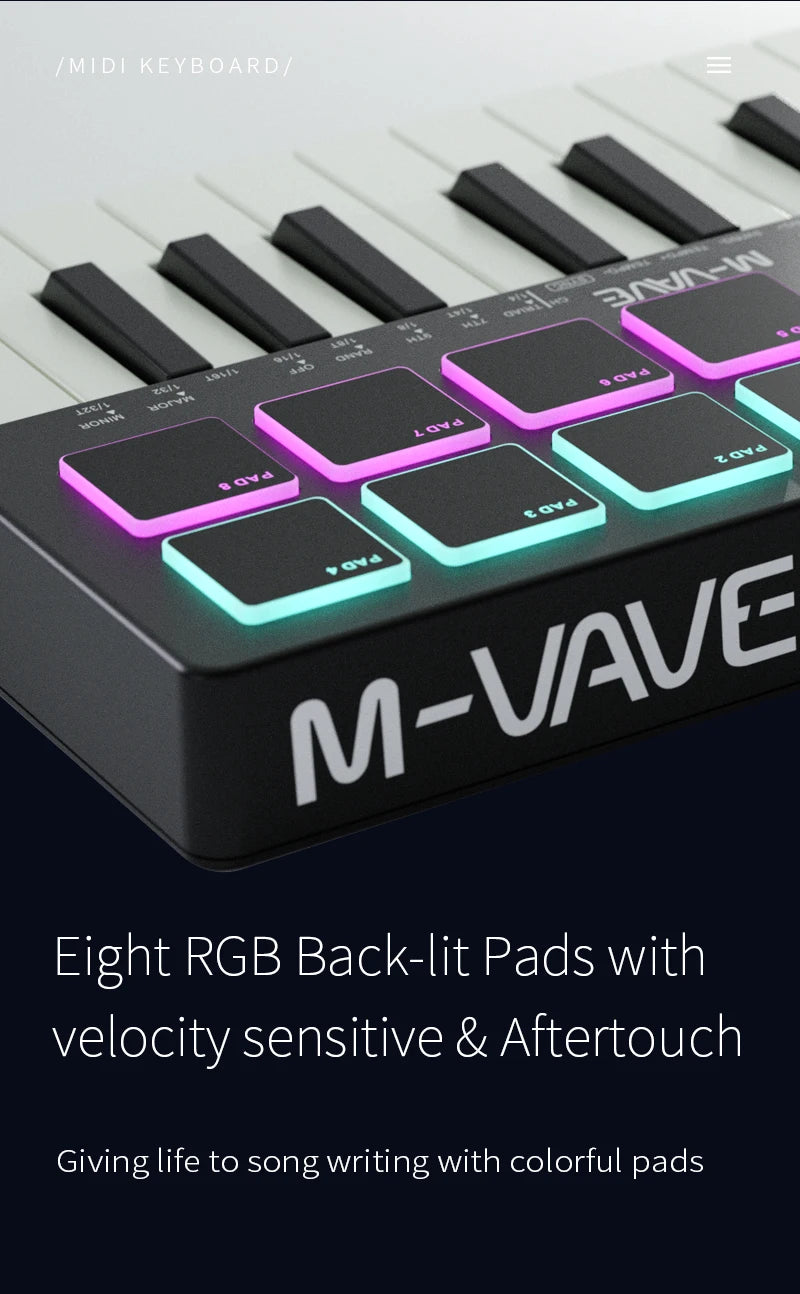 Close-up of an M-VAVE MIDI keyboard controller showing eight RGB backlit pads.