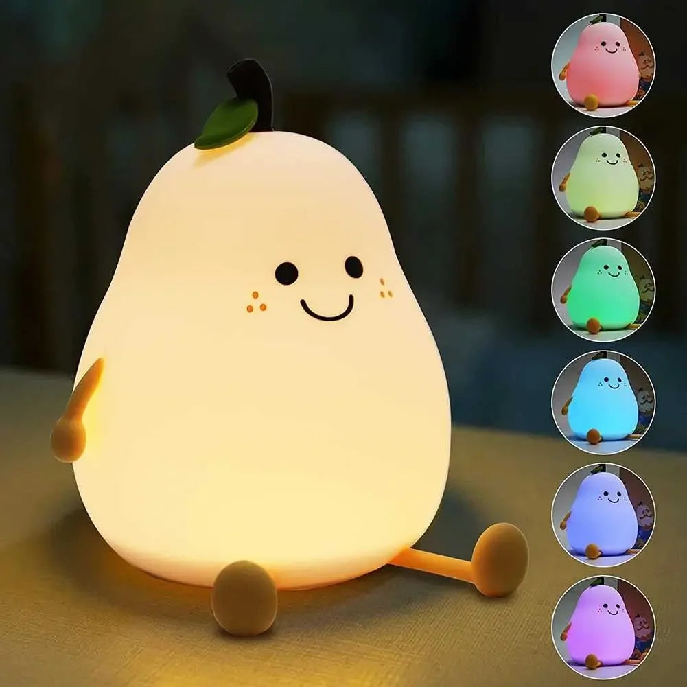 A white pear-shaped night light with a smiling face and multiple color options displayed in a circle.