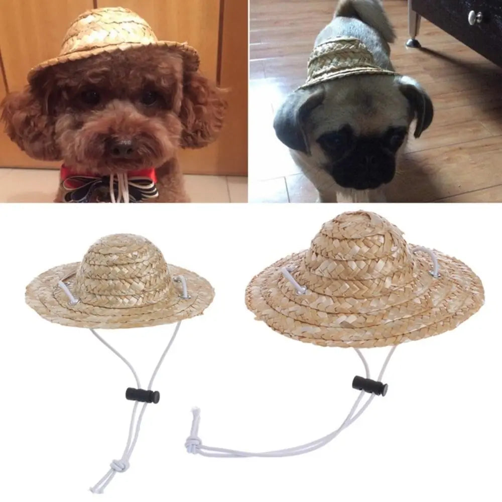 Adjustable Woven Straw Pet Hat for Small Dogs and Cats