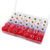 A clear plastic container filled with 35 plush fur pom pom beads in various colors like pink, purple, and red.