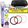 A purple 3D printing pen with an LCD display and filament spools, including a carrying case and power adapter.