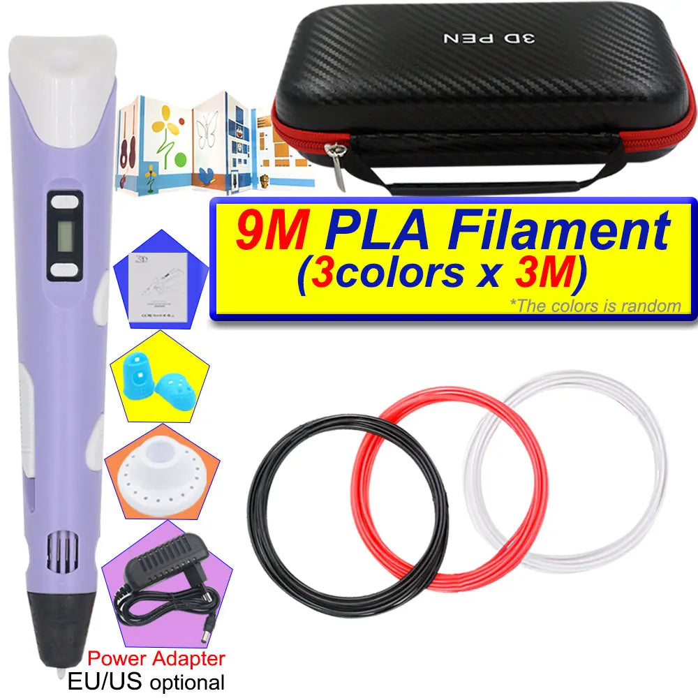 A purple 3D printing pen with an LCD display and filament spools, including a carrying case and power adapter.