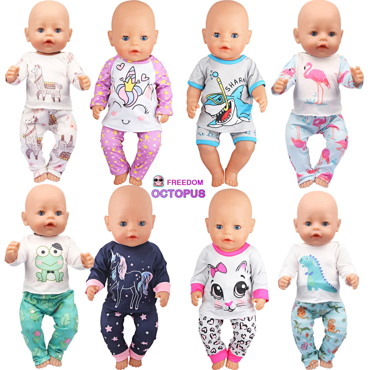 A collection of eight baby dolls wearing various themed pajama sets including unicorn, dinosaur, and animal prints.