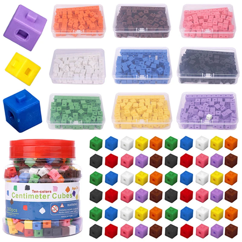 A collection of colorful centimeter cubes and linking cubes in various colors and sizes for early math learning.