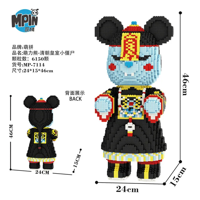 A black and yellow graffiti art bear micro building block kit shown from the front and back views.