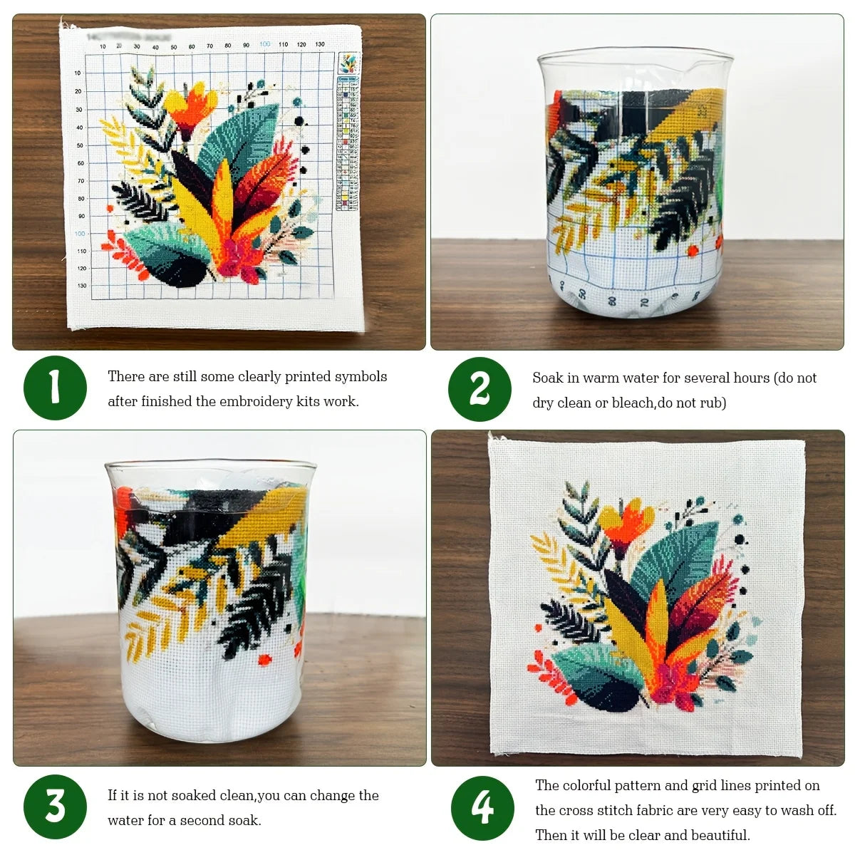 A set of colorful fabric and embroidery materials for a butterfly cross stitch kit shown in various stages.