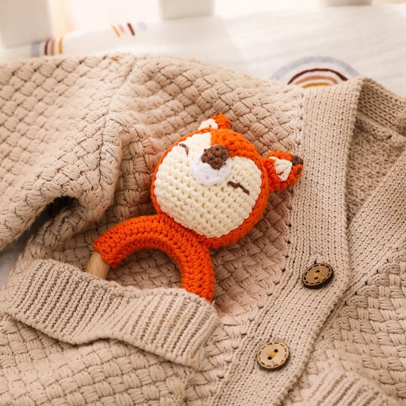 Handcrafted Wooden Crochet Animal Rattle for Babies