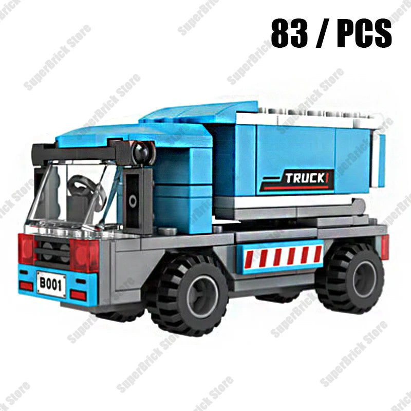 A blue and gray truck model built from LEGO bricks, labeled TRUCK!, shown in a side view.