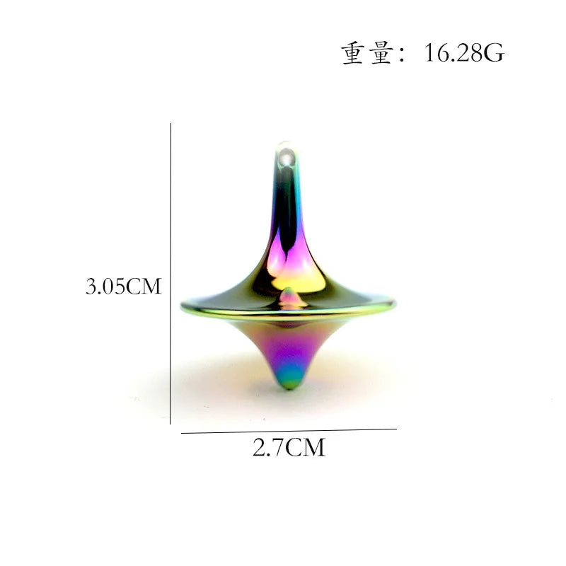 A metal fidget spinner with a pointed, iridescent design, measuring 3.05cm high and 2.7cm wide.