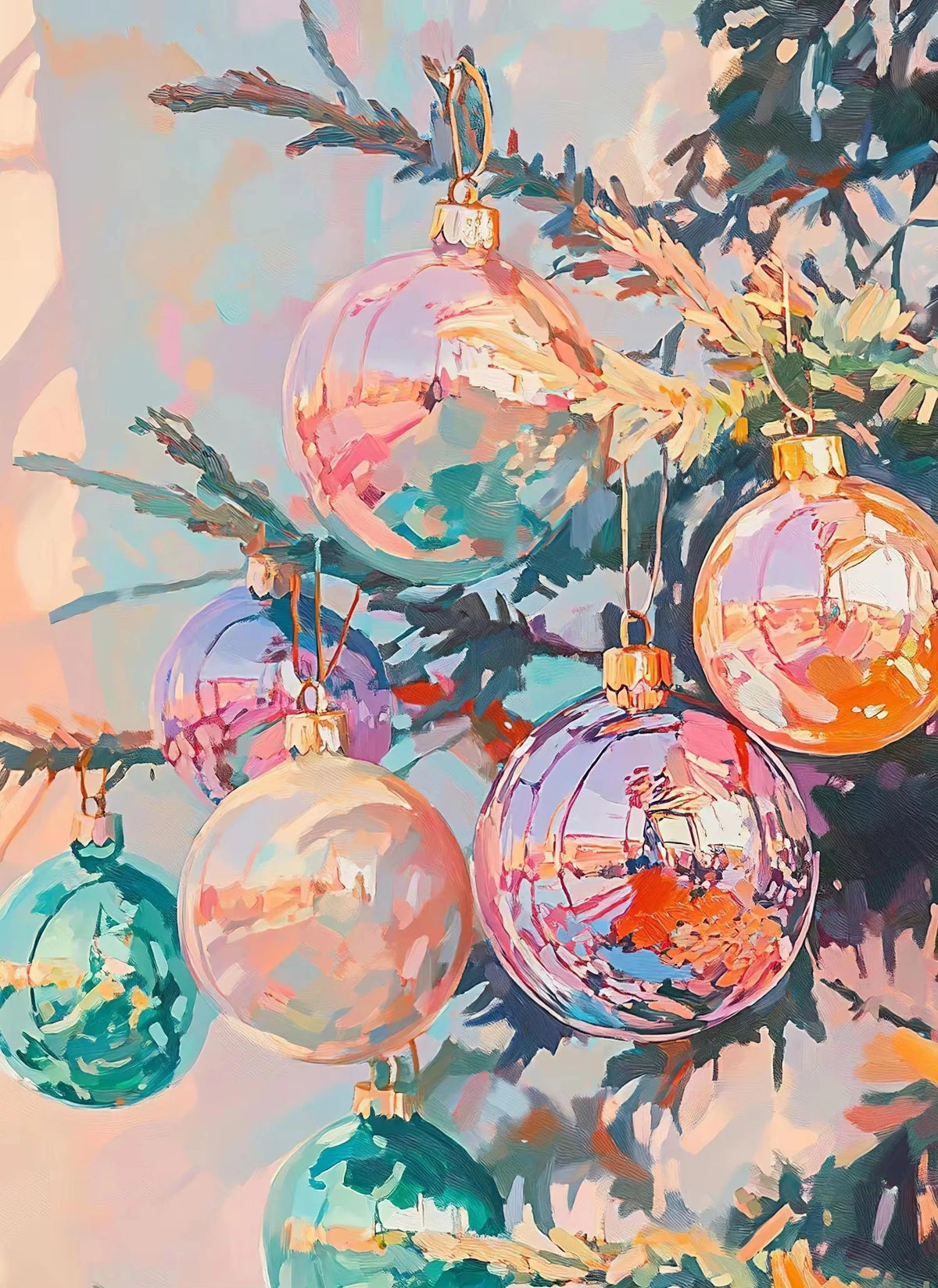 A close-up of colorful, iridescent glass ornaments hanging on pine branches.