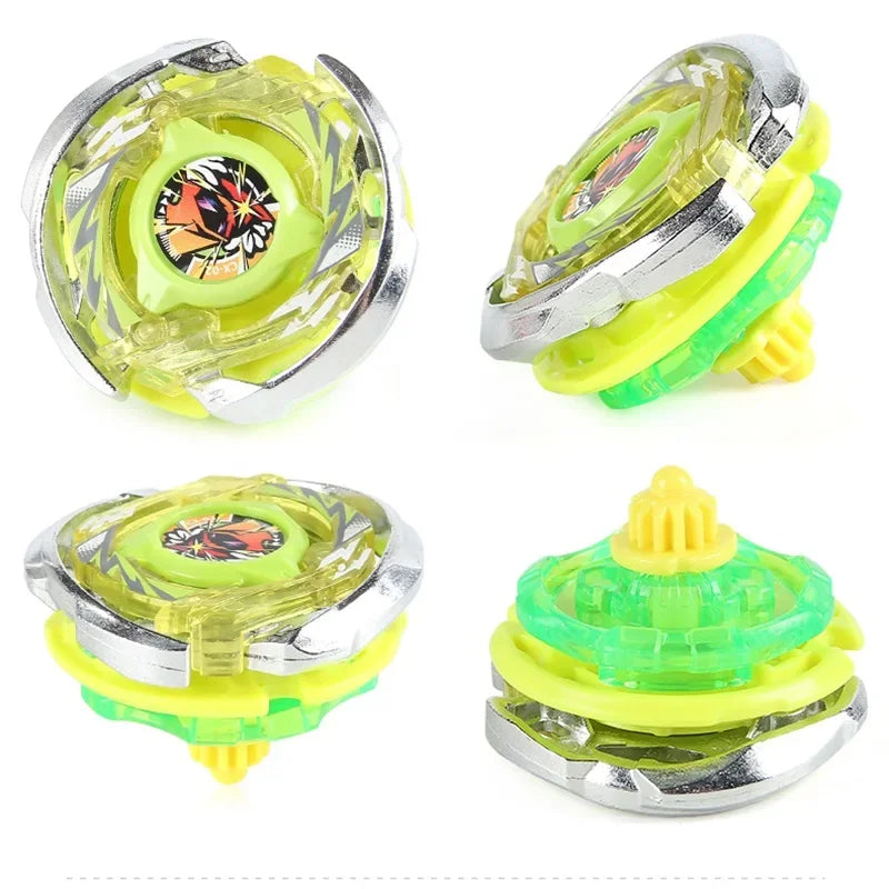 A set of metal spinning tops with precision balance in silver and neon green plastic.