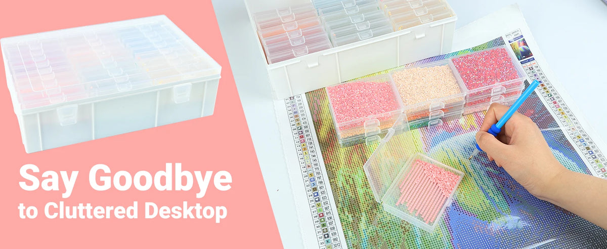 Diamond painting storage trays with lids and an organizer rack showing various colored beads.