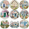 Eight diamond painting coasters featuring various floral and architectural designs.