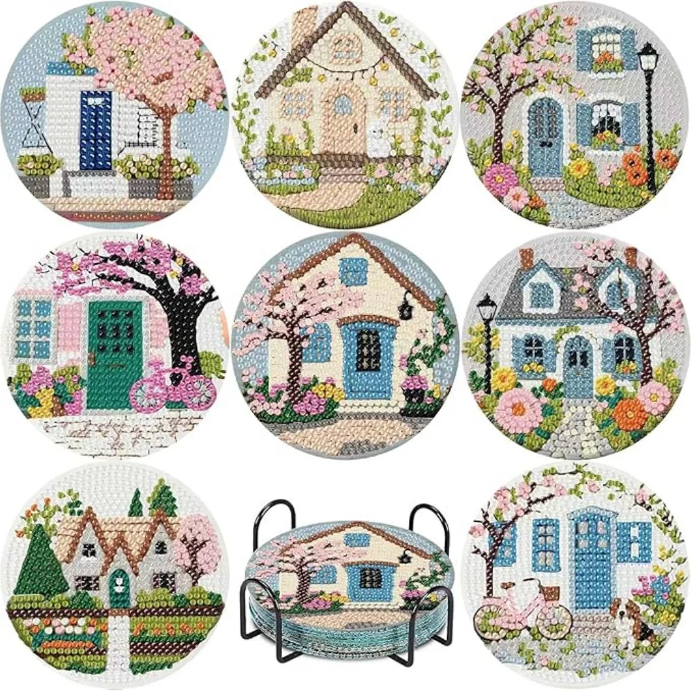 Eight diamond painting coasters featuring various floral and architectural designs.