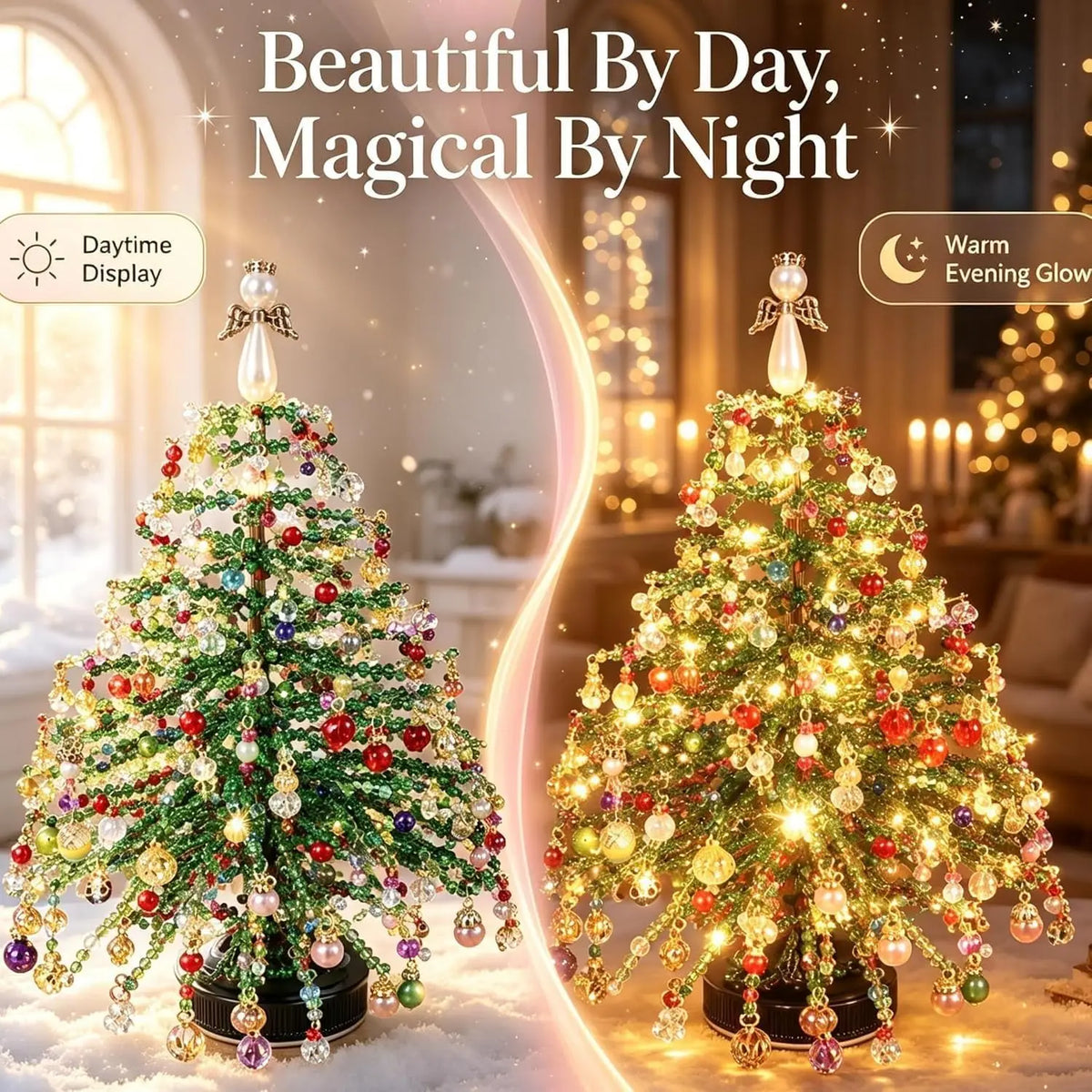 A festive, sparkling Christmas tree decorated with colorful beads and crystals, displayed in a warm, glowing setting.