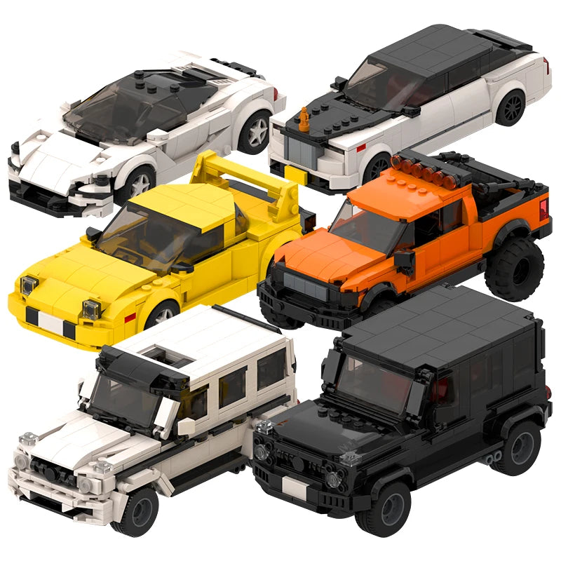 A collection of black, white, and orange classic cars built from building blocks.
