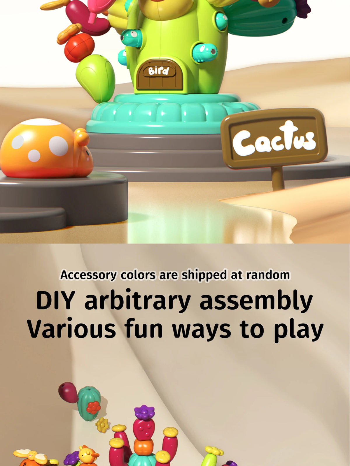 A set of colorful building blocks shaped like cacti and other organic forms, demonstrating DIY assembly.