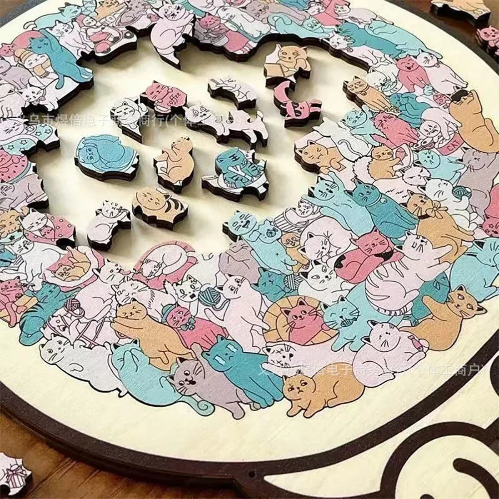 A wooden jigsaw puzzle featuring various cat-shaped pieces in pastel colors arranged in a circular pattern.