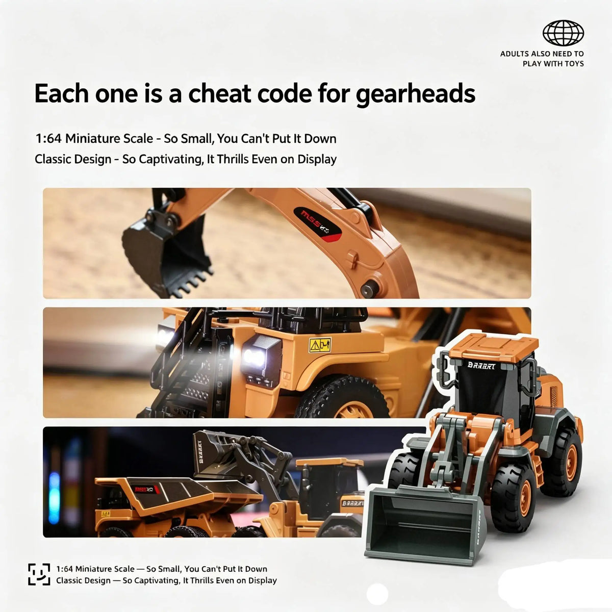 A set of miniature remote controlled construction vehicles including a bulldozer, forklift, and excavator