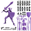 A purple magnetic multi-jointed action figure building set with various accessories and a display stand.