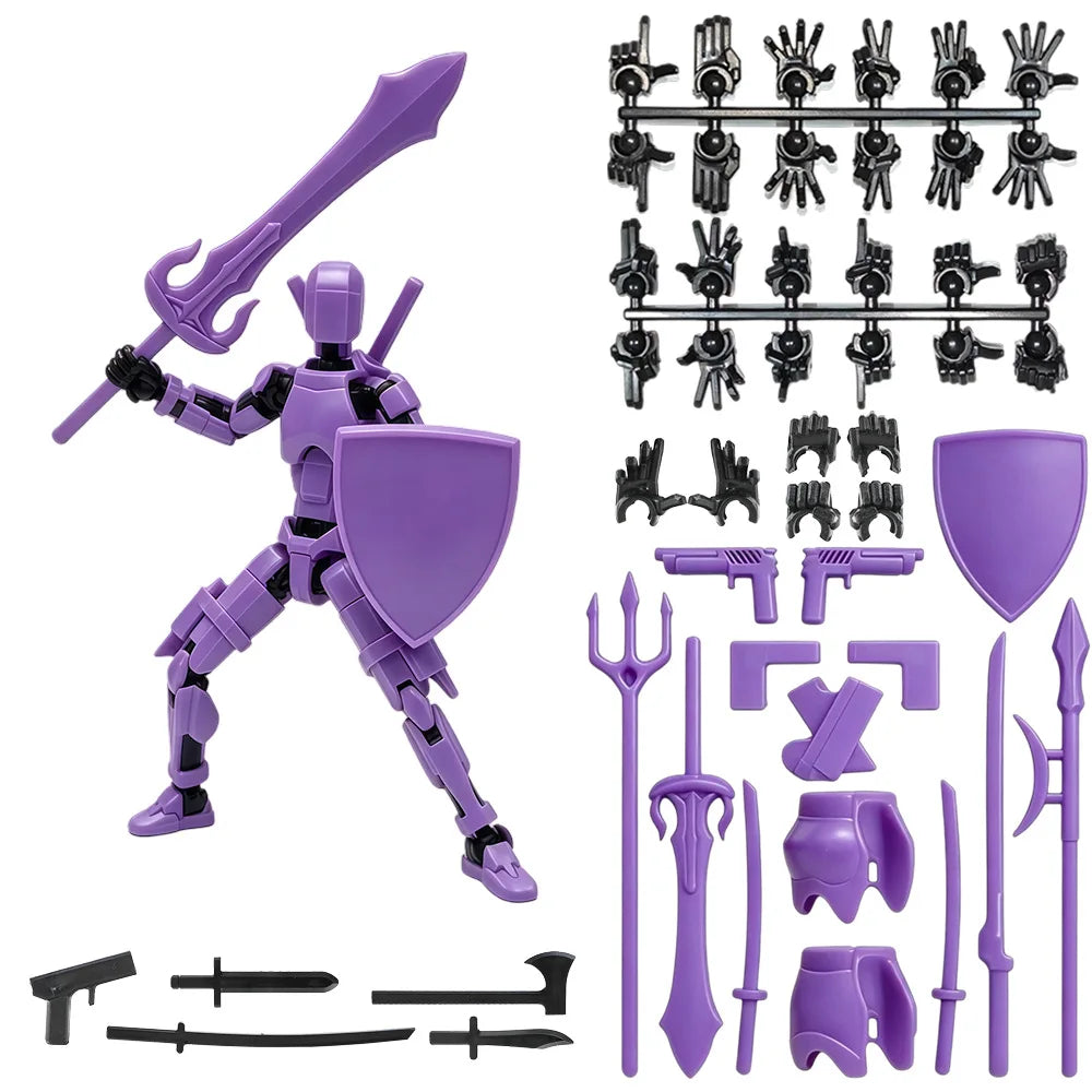 A purple magnetic multi-jointed action figure building set with various accessories and a display stand.