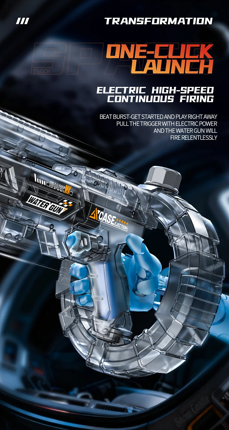 A close-up of an electric high-speed firing water gun with a translucent blue grip and metallic finish.